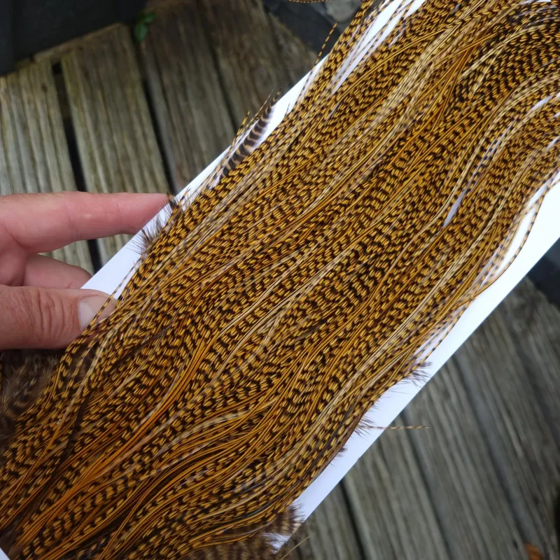 Whiting Pro-Grade Midge Rooster Saddle in Grizzly Dyed March Brown B Grizzly March Brown/Splashed with Badger March Brown Approx Tying Sizes  14 16 18 20 you might find a few smaller-8