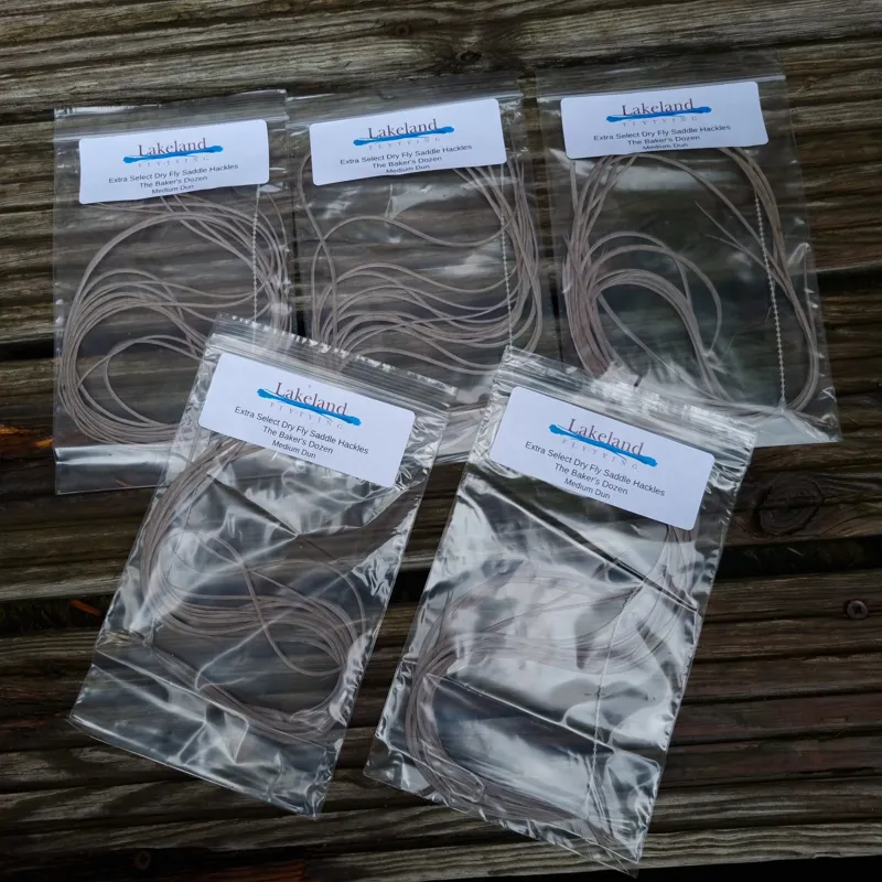 Lakeland Fly-Tying Extra Select Dry Fly Saddle Hackle Packs The Baker's Dozen in Medium Dun-2