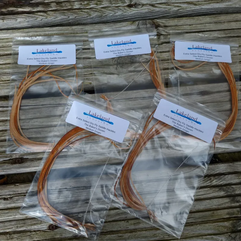Lakeland Fly-Tying Extra Select Dry Fly Saddle Hackle Packs The Baker's Dozen in Medium Ginger-4