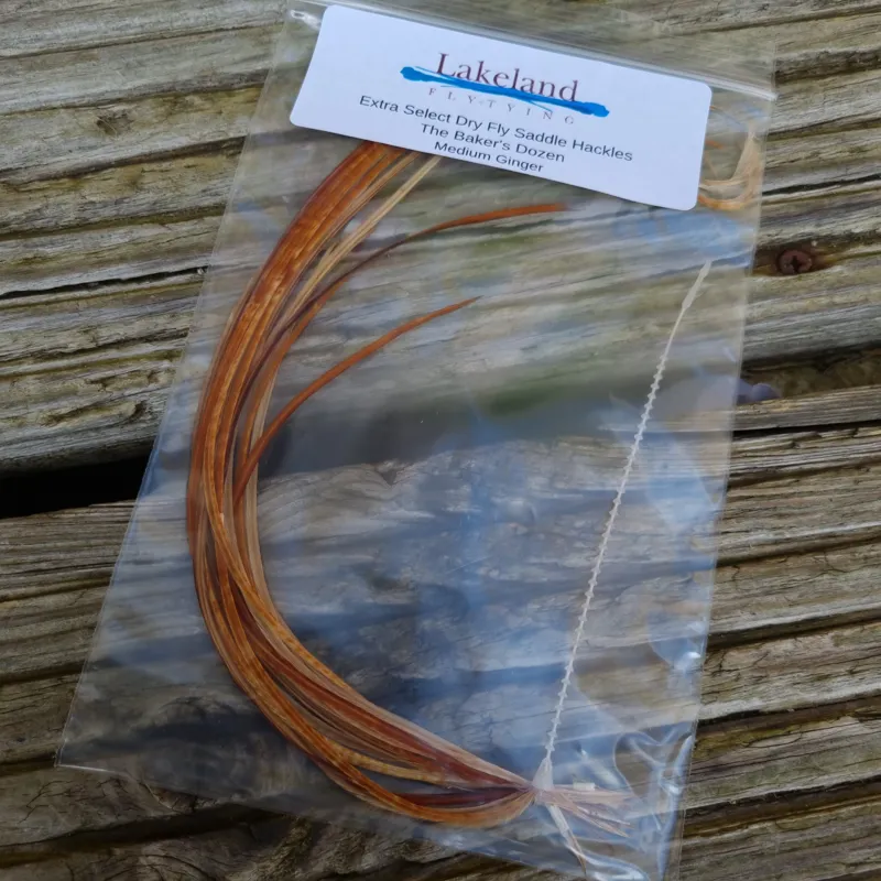 Lakeland Fly-Tying Extra Select Dry Fly Saddle Hackle Packs The Baker's Dozen in Medium Ginger-1