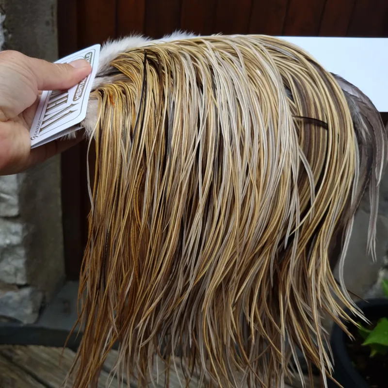 Whiting Heritage Hackles Rooster Saddle in Mixed Colours P Light/ Medium/Dark Champagne Badger/Speckled Champagne Badger Splashed with Natural Dun  Approx Tying Size 12/14/16