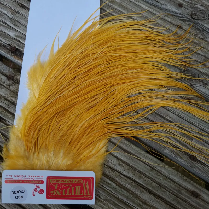 Whiting Pro-Grade Midge Rooster Saddle in White Dyed Golden Straw A Approx Tying Sizes 14 16 18 20 22 and a few smaller-6