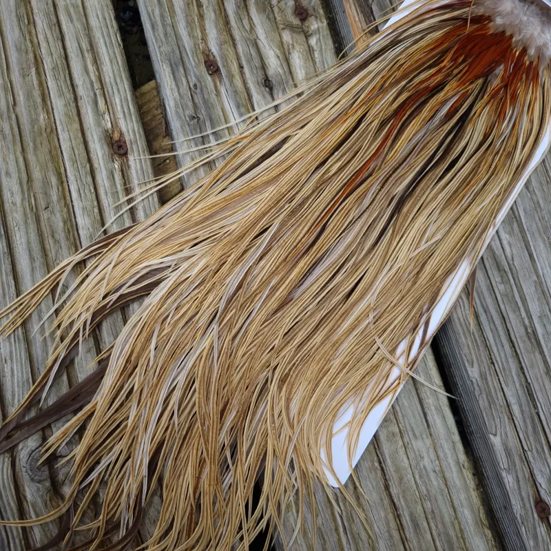 Whiting Heritage Hackles Rooster Saddle in Mixed Colours Q Light/ Medium/Dark Champagne Badger/Speckled Champagne Badger Splashed with Rusty Dun Approx Tying Size 12/14/16-5