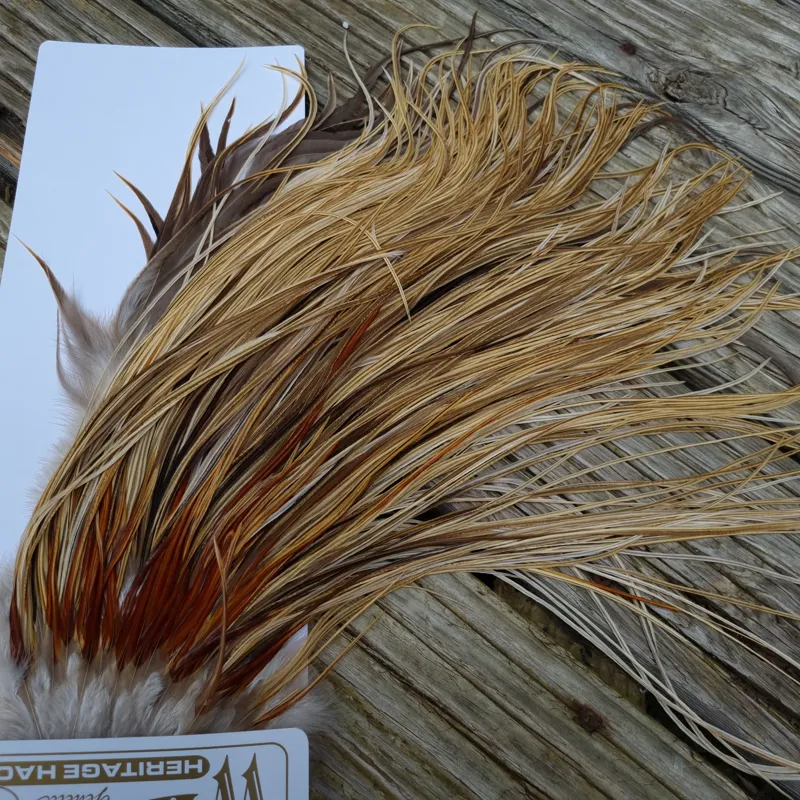 Whiting Heritage Hackles Rooster Saddle in Mixed Colours Q Light/ Medium/Dark Champagne Badger/Speckled Champagne Badger Splashed with Rusty Dun Approx Tying Size 12/14/16-6
