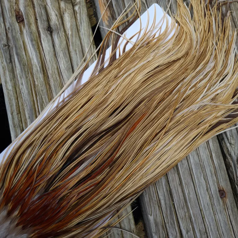 Whiting Heritage Hackles Rooster Saddle in Mixed Colours Q Light/ Medium/Dark Champagne Badger/Speckled Champagne Badger Splashed with Rusty Dun Approx Tying Size 12/14/16-1