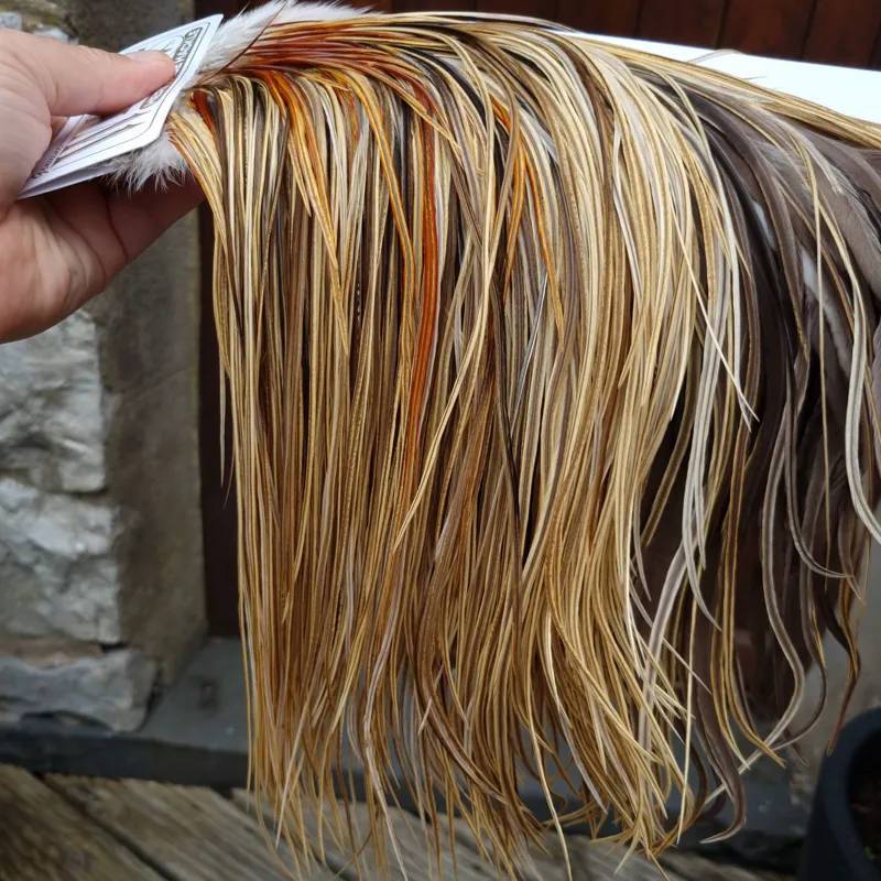 Whiting Heritage Hackles Rooster Saddle in Mixed Colours Q Light/ Medium/Dark Champagne Badger/Speckled Champagne Badger Splashed with Rusty Dun Approx Tying Size 12/14/16-4
