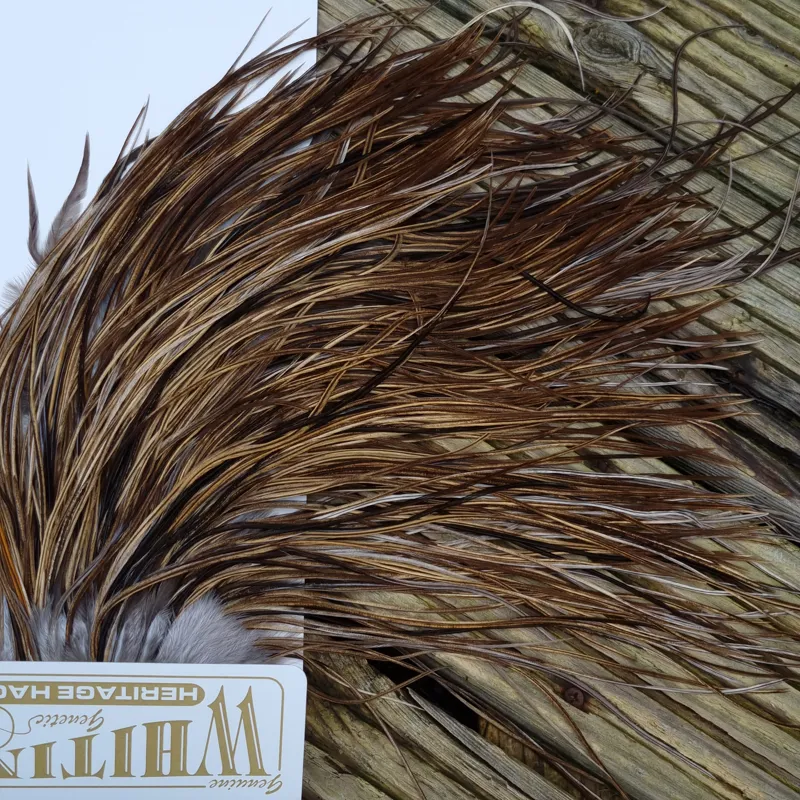 Whiting Heritage Hackles Rooster Saddle in Mixed Colours T Golden Badger/ Light/Medium/Dark Speckled Badger Approx. Tying Size 10/12/14-7