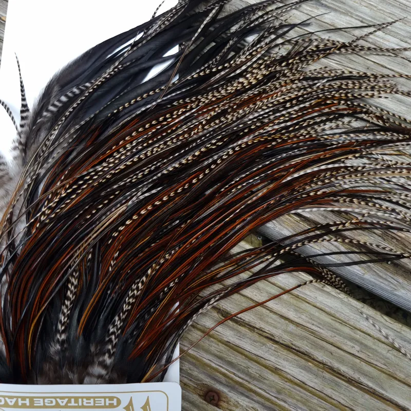 Whiting Heritage Hackles Rooster Saddle in Mixed Colours V Grizzly/Furnace/Natural Black/Speckled Furnace  Approx Tying size 10/12/14-5