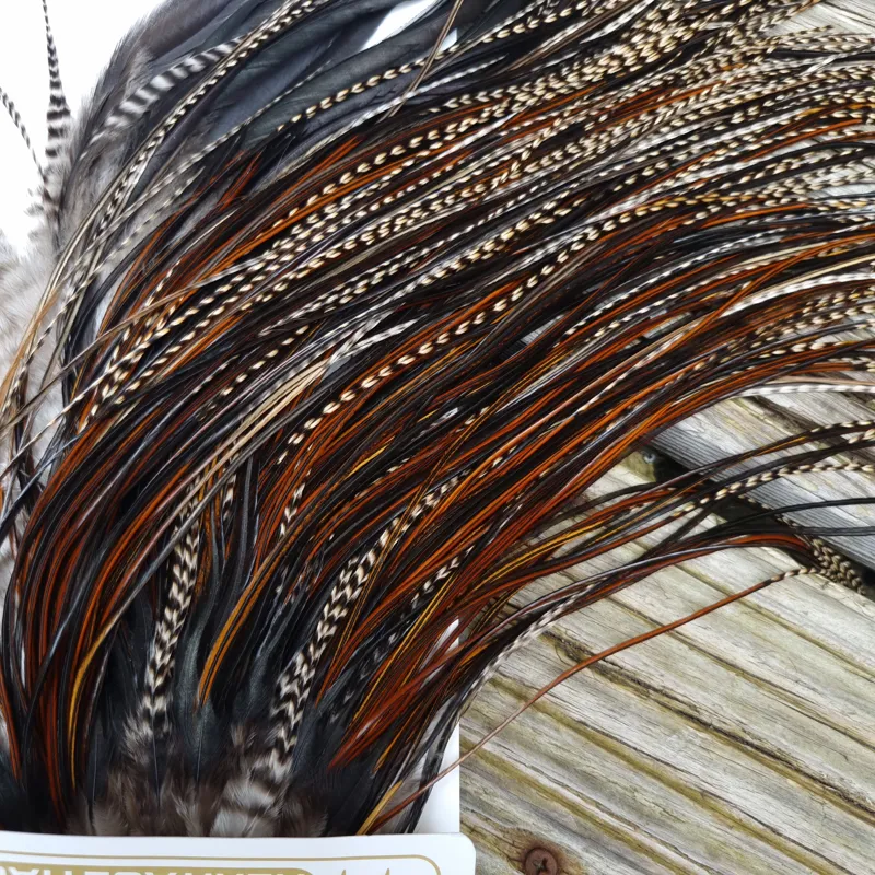 Whiting Heritage Hackles Rooster Saddle in Mixed Colours V Grizzly/Furnace/Natural Black/Speckled Furnace  Approx Tying size 10/12/14-7