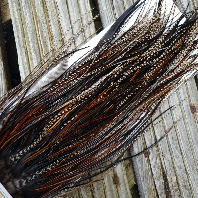 Whiting Heritage Hackles Rooster Saddle in Mixed Colours V Grizzly/Furnace/Natural Black/Speckled Furnace  Approx Tying size 10/12/14-8
