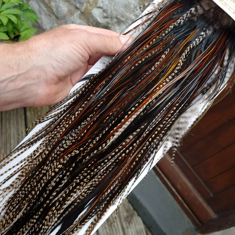 Whiting Heritage Hackles Rooster Saddle in Mixed Colours V Grizzly/Furnace/Natural Black/Speckled Furnace  Approx Tying size 10/12/14-9