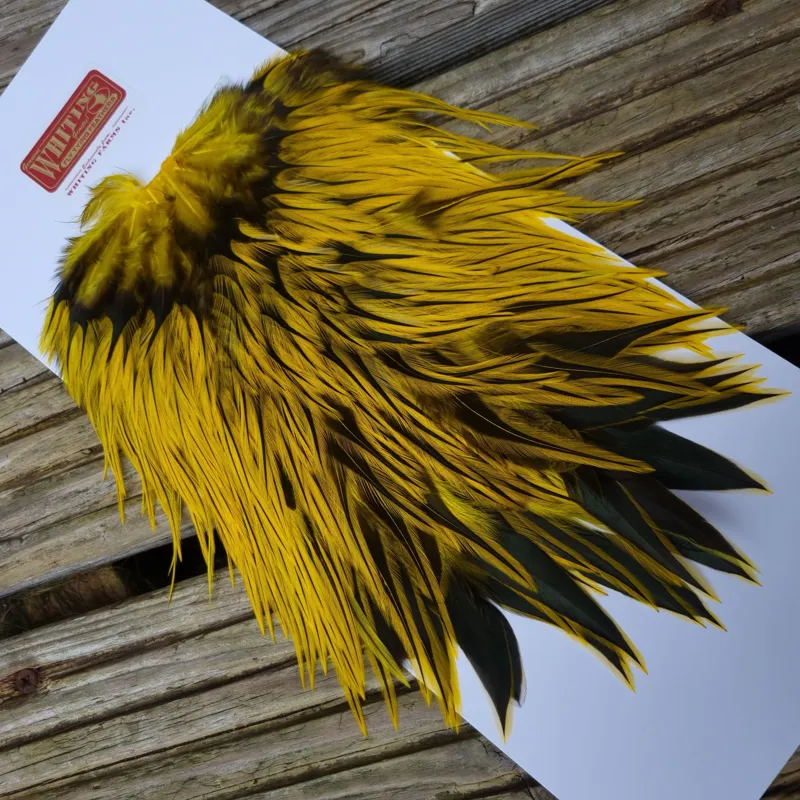 Whiting Brahma Rooster Saddle in Silver Badger Dyed Yellow-2