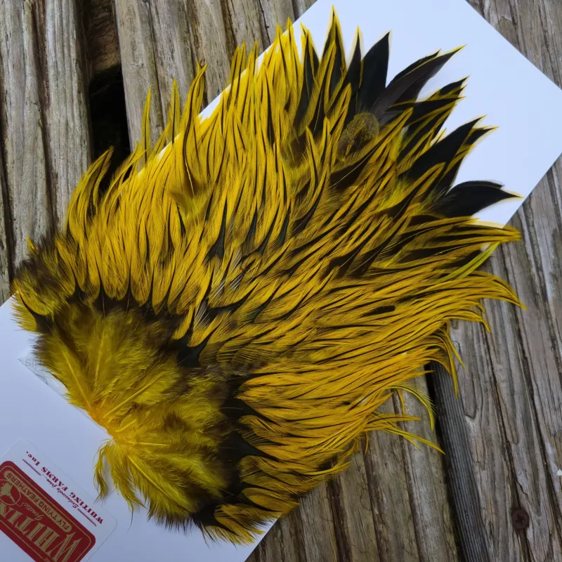 Whiting Brahma Rooster Saddle in Silver Badger Dyed Yellow-3