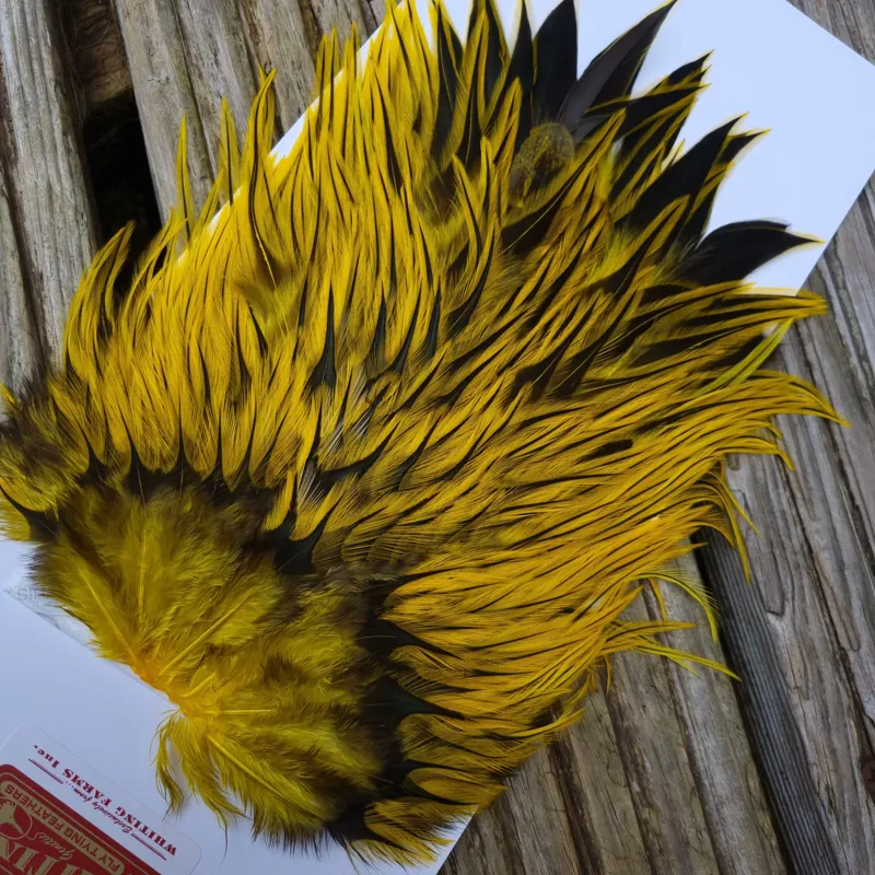 Whiting Brahma Rooster Saddle in Silver Badger Dyed Yellow-5